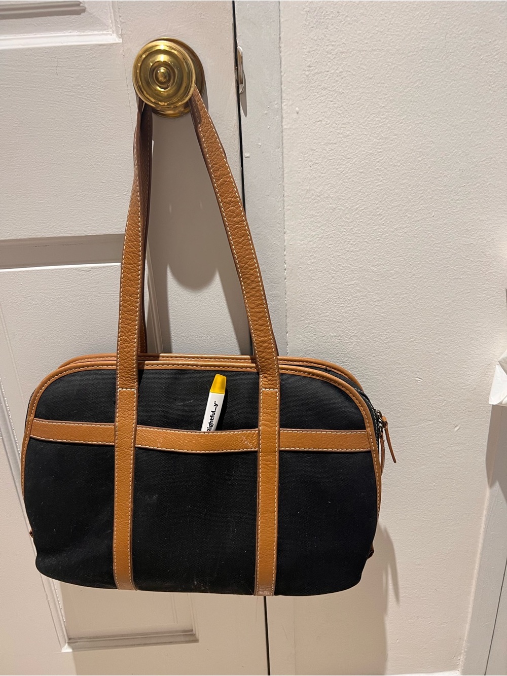 Black Canvas Laptop Tote with Tan Trim